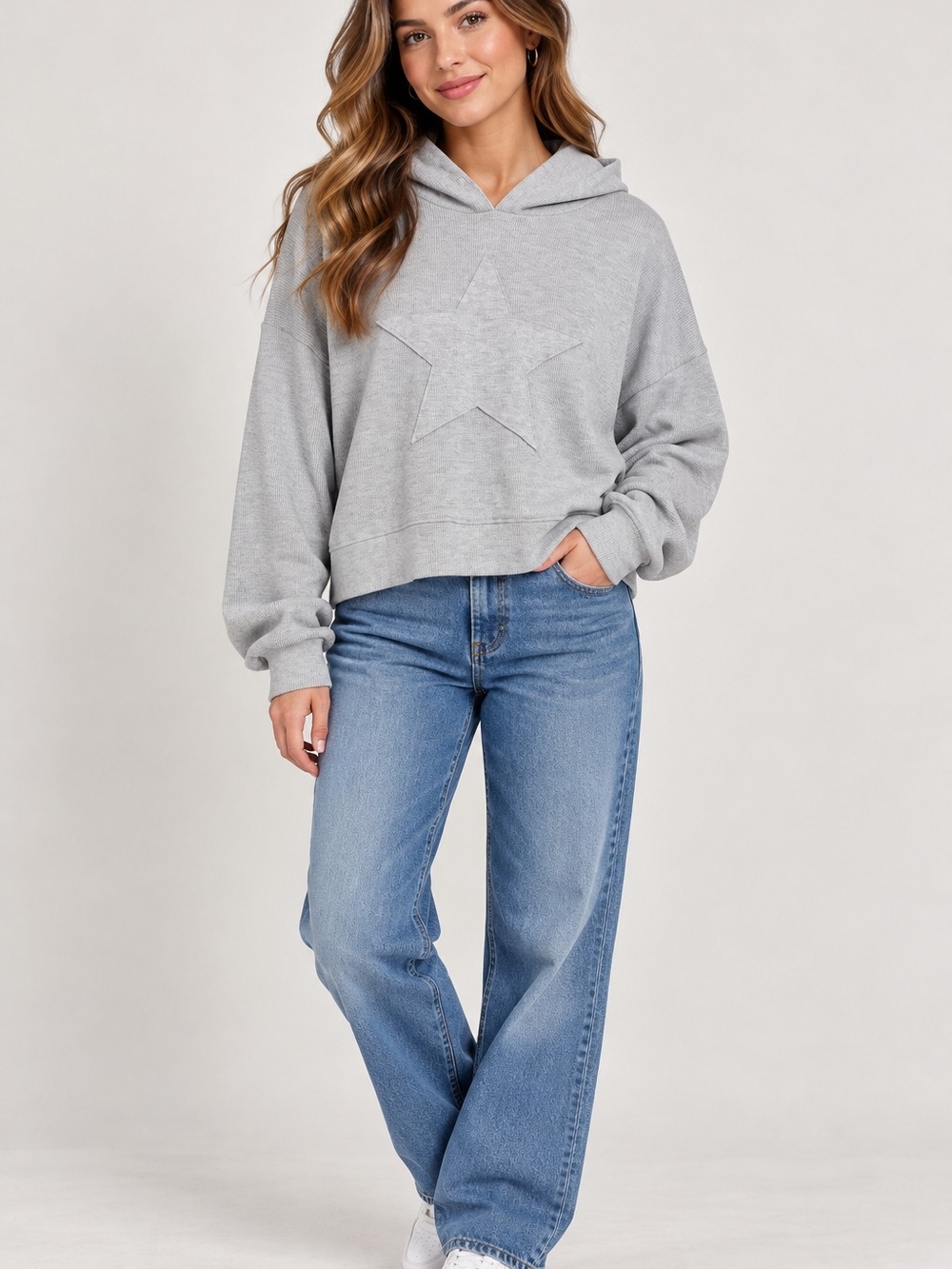 No Boundaries Light Gray Star Appliqué Hoodie